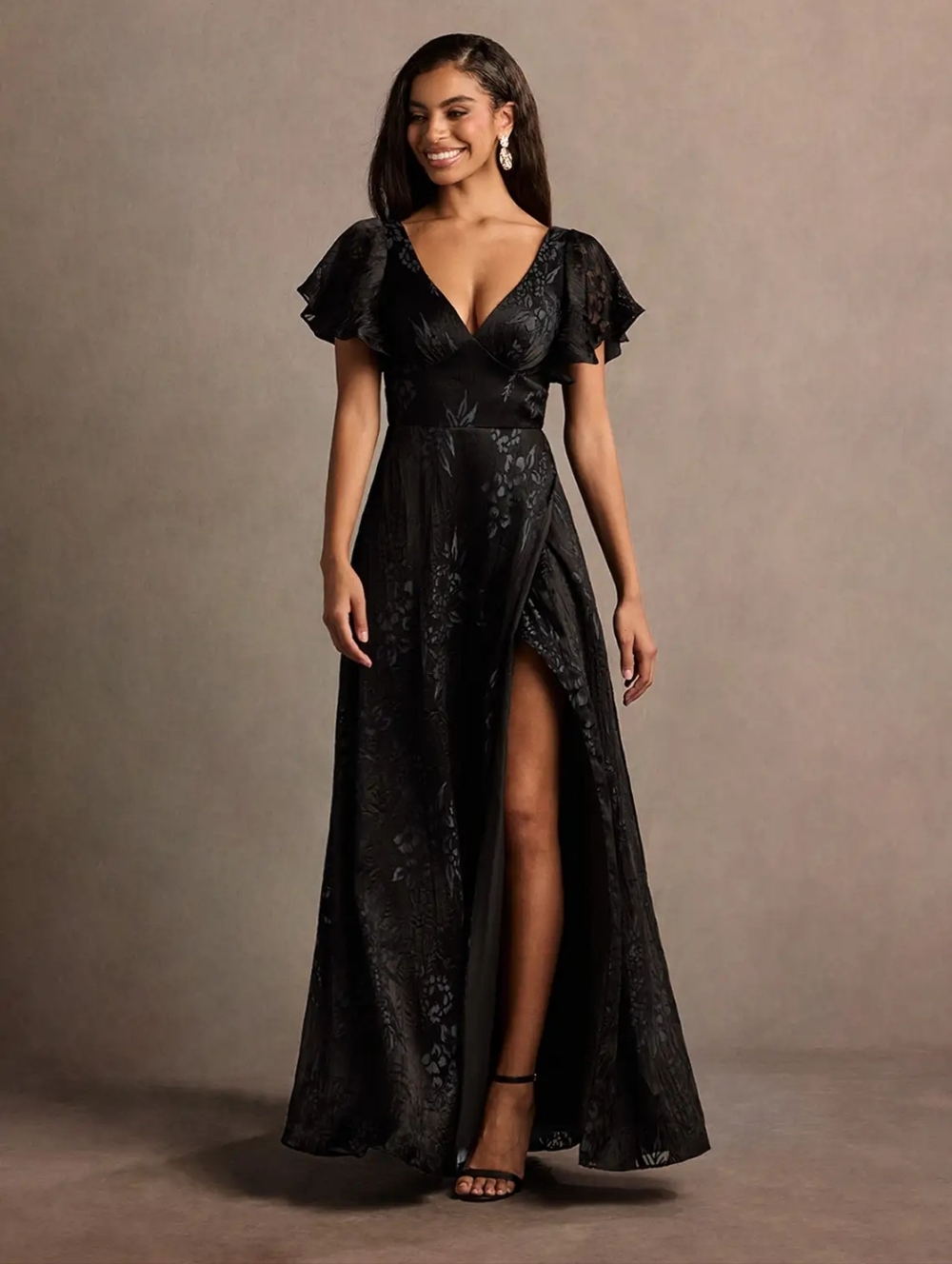Floor-length Evening Gown with Ruffle Sleeves